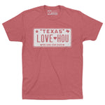 LOVE HOU Texas License Plate T-Shirt | White on Red
