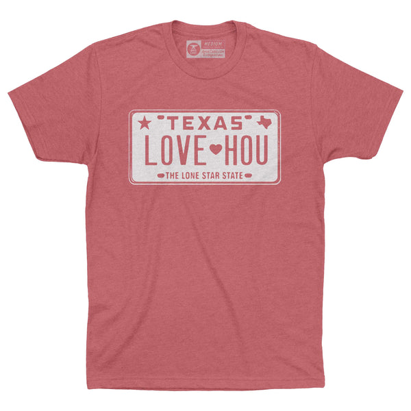 LOVE HOU Texas License Plate T-Shirt | White on Red