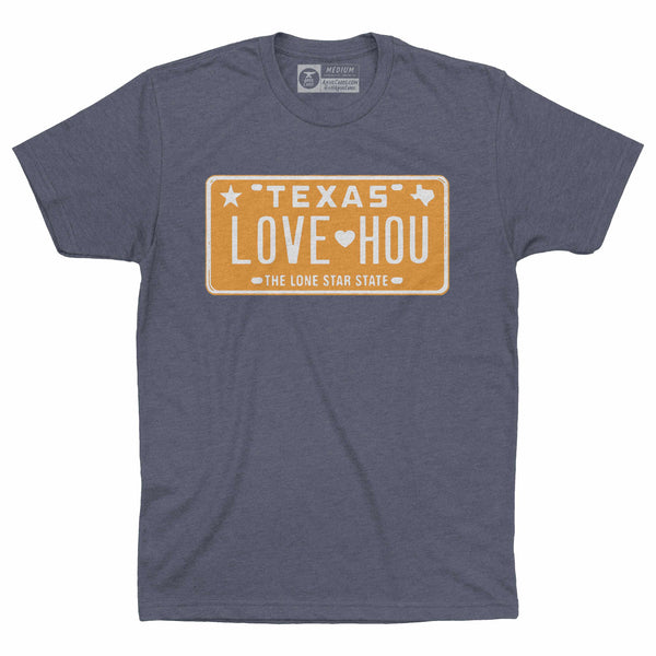 LOVE HOU Texas License Plate T-Shirt | Astros Orange on Blue
