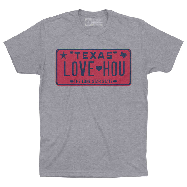LOVE HOU Texas License Plate T-Shirt | Texans Red and Blue